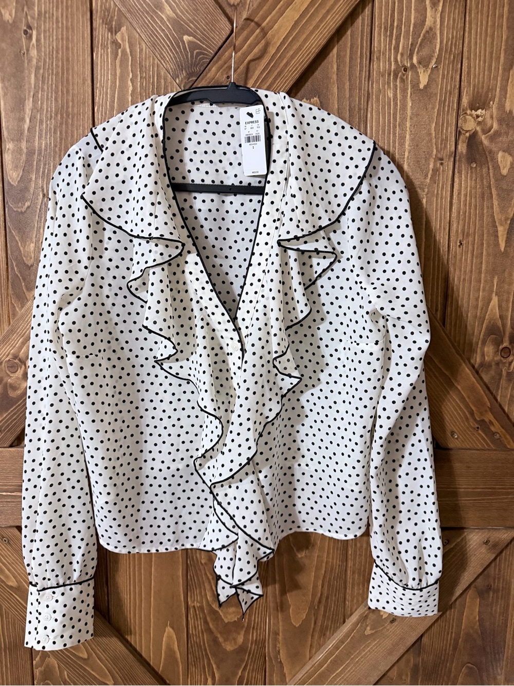 Express White and Black Polka Dot Ruffle V-Neck Blouse